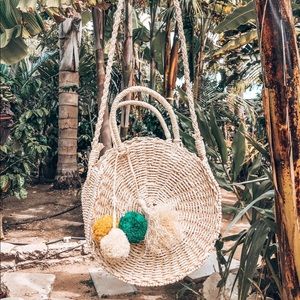 Yellow Raffia Pom Pom Cross Body Bag with Zipper
